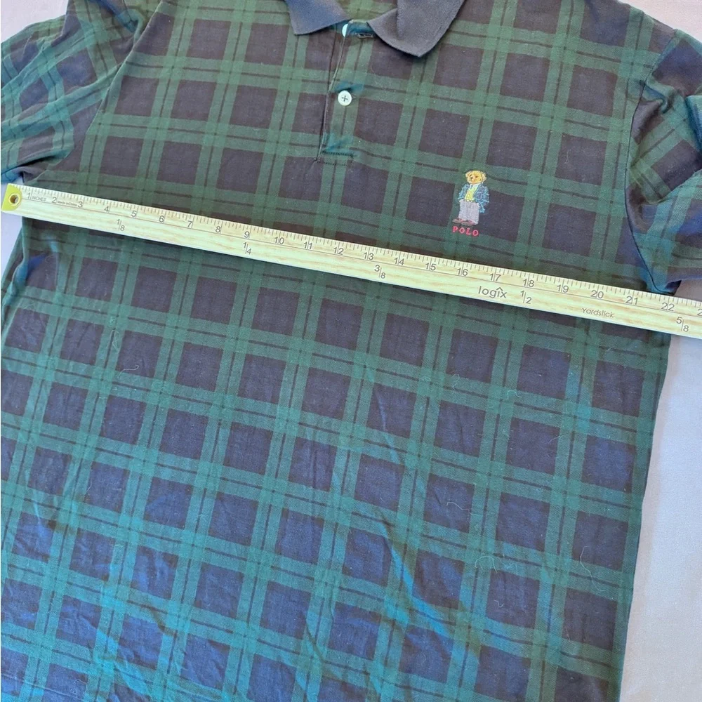 Vtg Polo Ralph Lauren Embroidered Bear Mens Large Green Blue Plaid Polo Shirt